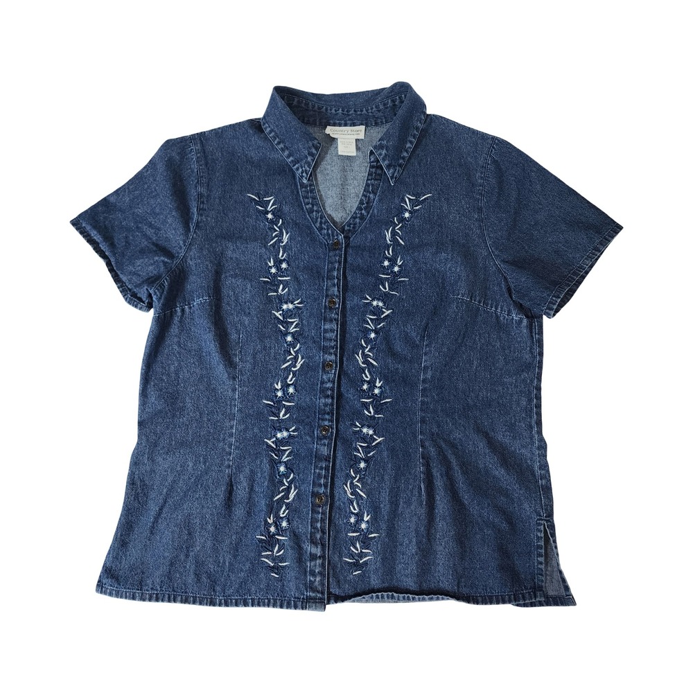 Country Store Womens Blue Denim Embroidered Floral Short Sleeve Button Up Top L